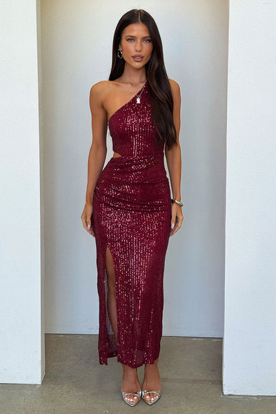 Dura One Shoulder Sequin Midi Dress - Burgundy