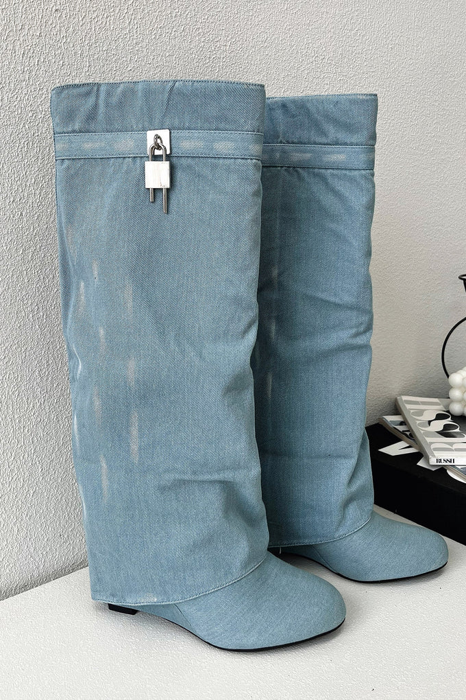 Hazal Knee High Boots - Blue Denim