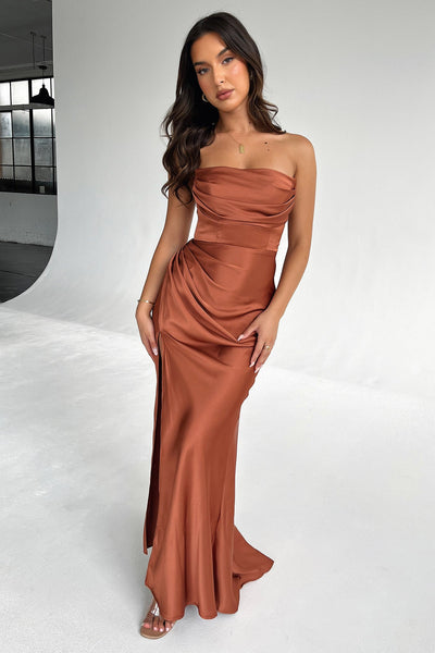Lola Strapless Satin Maxi Dress - Rust