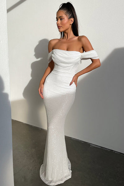 Nara Off Shoulder Sequin Maxi Dress - White