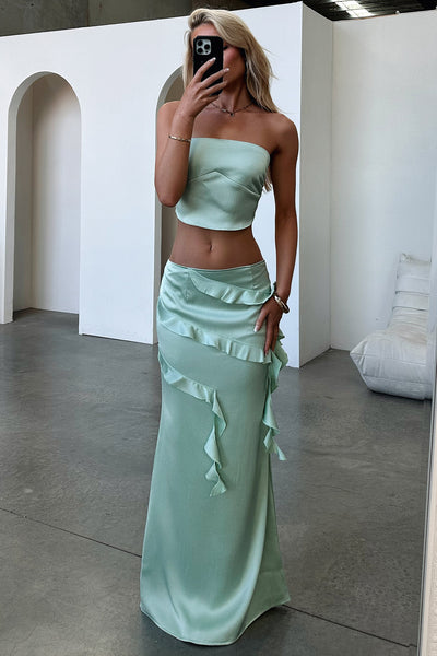 Raima Satin Ruffle Maxi Skirt - Green