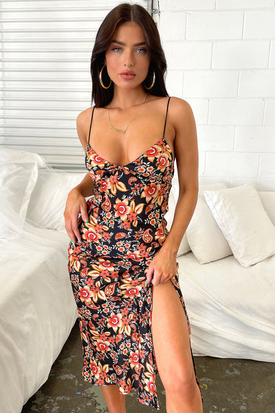 Jennifer Satin Midi Dress - Black Floral