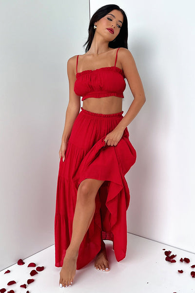 Selina Tiered Maxi Skirt - Red